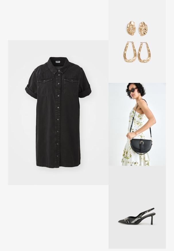 Mustassa farkkupaidassa on lyhyet käännetyt hihat, kaksi rintataskua, napitus edessä ja suora siluetti.; Musta patenttinen nahkainen slingback-kengät, joissa on terävä nenä, nilkkahihnat hopeisilla soljilla ja varusteilla sekä hoikka korko.; Musta nahkainen käsilaukku, joka on kaareva muotoilultaan, irrotettavalla hihnalla ja kultaisilla yksityiskohdilla. Laukussa on läppä, jossa on solk yksityiskohta.; Korukultainen korvakorut, joissa on teksturoituja, aaltoilevia muotoja. Mukana on veistokselliset klipsikorvakorut ja avoin rengasmalli, jossa on vasaroitu pinta.