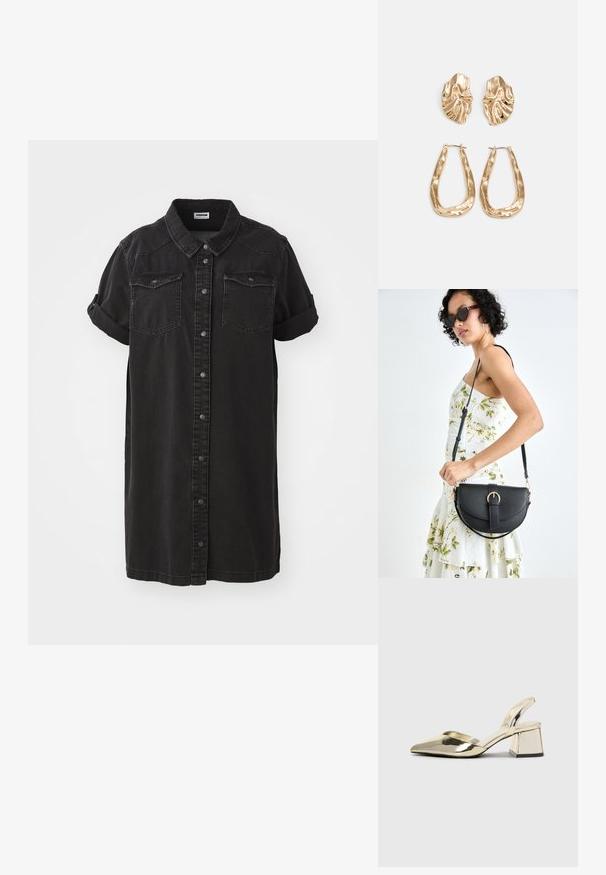 Svart denimkjole med korte, rullede ermer, to brystlommer, knappelukking foran og rett silhuett.; Gull, metallisk slingback-hæler med spiss tå og chunky hæl. Glatt tekstur, minimalistisk design og en smal stropp.; Svart lærveske med en buet form, avtagbar stropp og gullbeslag. Vesken har et klaff med spenne-detall.; Gullfargede øredobber med teksturerte, bølgete former. Inkluderer skulpturelle klipsstuds og åpen hoop-design med en hamret finish.