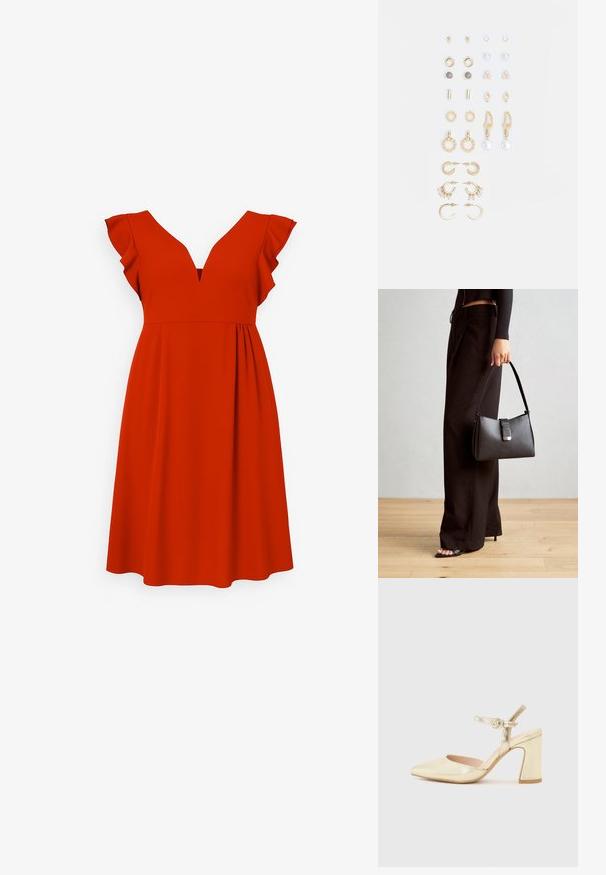Rochie roșie cu decolteu în V și mâneci flutură, având un corset ajustat și o fustă lejeră, confecționată dintr-un material neted și moale.; Pantof metalic auriu cu toc, varf ascutit, curea pentru glezna cu un sistem de prindere circular si un design cu toc chunky. Textura neteda.; Genți negre cu o formă structurată, textură netedă și un închizător metalic. Asortată cu pantaloni negri largi și sandale cu vârf deschis pe un podea din lemn.; Set de cercei aurii, cu diverse designuri, inclusiv cercei tip stud, cercei hoop și cercei lungi cu perle și strassuri.