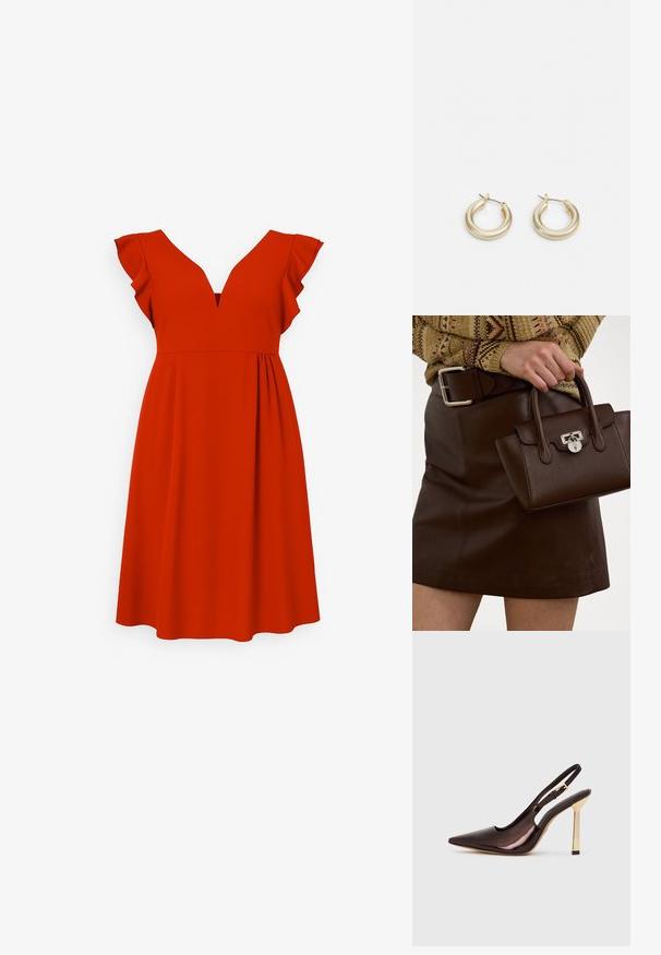 Červené šaty s výstřihem do V a volnými rukávy, s přiléhavým korzetem a volnou sukní, vyrobené z hladké, jemné látky.; Hnědé lakované kožené slingback lodičky s špičatou špičkou a lesklým zlatým kovovým podpatkem na bílém pozadí.; Hnědá kožená kabelka s texturovaným povrchem a stříbrným hardwarem, drží ji ruka vedle hnědé kožené sukně a vzorovaného svetru.; Lauren Ralph Lauren BASIC SMALL HOOP - Náušnice - gold-coloured