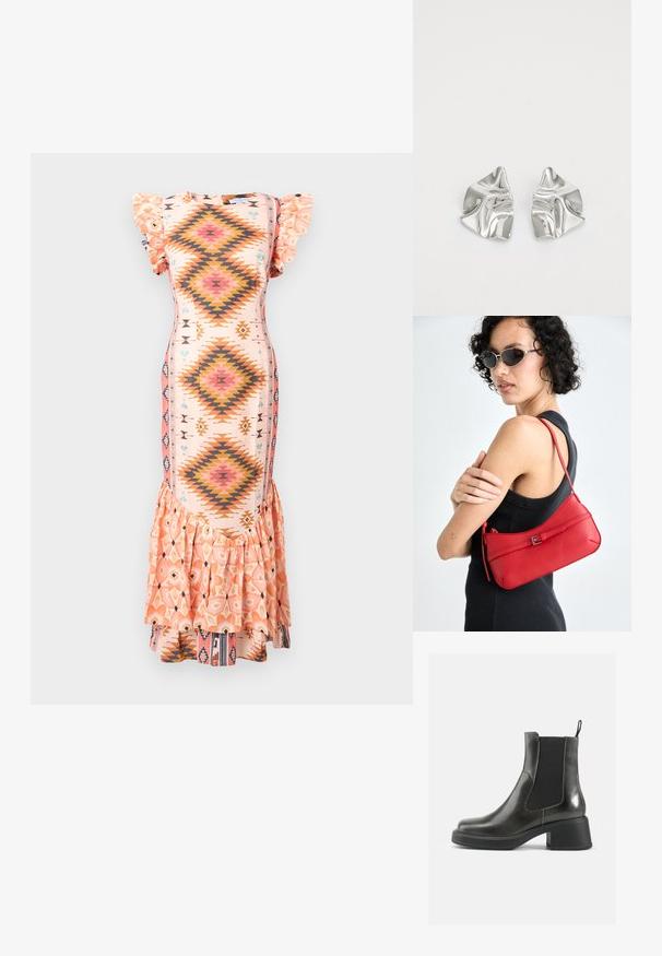 Mirdzoša midi kleita pasteļa rozā krāsā ar ķīļveida īsām piedurknēm, dimanta formas dizainiem oranžā un zilā krāsā, kā arī izplestiem rifiem apakšmalā.; Melni ādas potītes zābaki ar gludu apdari, elastīgu sānu paneļu un masīvu papēdi. Aprīkoti ar cilpu, kas atvieglo uzvilkšanu.; Sarkans ādas plecu soma ar gludu tekstūru, izliekta dizaina un dekoratīvu sprādzi. Regulējams siksna un rāvējslēdzēja aizdare.; Sudraba metāla auskari ar viļņainu, skulpturālu dizainu, kas izceļas ar pulētu apdari un neregulārām formām, uzsverot mūsdienīgu estētiku.