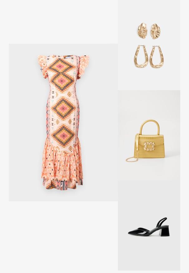 Mønstret midikjole i pastellrosa med volang på korte ermer, diamantformede design i oransje og blå, og en utsvingt volangkant.; Svarte patentlær slingback hæler med spiss tå og geometrisk blokk hæl. Har et stilrent, minimalistisk design og jevn tekstur.; Gul faux-krokodille veske med en strukturert design, toppen håndtak, avtagbar kjede stropp, og dekorativ krystallbortsettelse på låsen.; Gullfargede øredobber med teksturerte, bølgete former. Inkluderer skulpturelle klipsstuds og åpen hoop-design med en hamret finish.