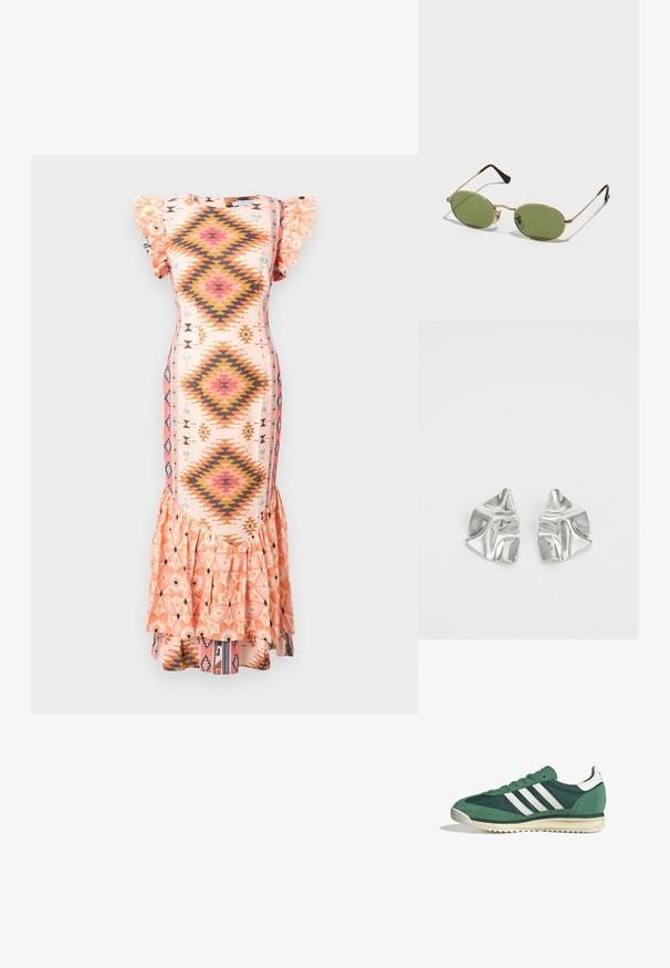 Mirdzoša midi kleita pasteļa rozā krāsā ar ķīļveida īsām piedurknēm, dimanta formas dizainiem oranžā un zilā krāsā, kā arī izplestiem rifiem apakšmalā.; Zaļi sporta apavi, kas izgatavoti no suede un sintētiskajiem materiāliem, ar trim baltām svītrām un strukturētu gumijas zoli.; Ovālas saulesbrilles ar zaļiem objektīviem, zelta metāla rāmi un tumši brūnām plastikāta galiem. Vieglas, ar redzamu Ray-Ban logotipu uz viena objektīva.; Sudraba metāla auskari ar viļņainu, skulpturālu dizainu, kas izceļas ar pulētu apdari un neregulārām formām, uzsverot mūsdienīgu estētiku.