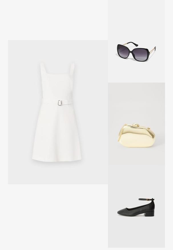 Hvit ermeløs kjole med firkantet hals, tettsittende liv, utsvingt skjørt og et matchende belte med en sølvspenne. Enkel, glatt stoff.; Sorte skinnpumper med spiss tå og lav blokkhelt. Har ankelrem med gullfarget spenne. Glatt tekstur.; Sorte oversized solbriller med gradient linser, tykke rammer og detaljering med gulltonekjede på tempelarmene.; Metallisk gull clutch med en glatt, rund form, med en toppknapp-lås og et lite kjede for bæring.