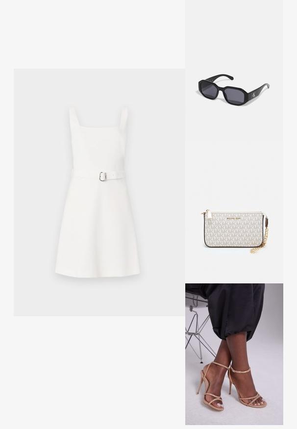 Fehér ujjatlan ruha, négyzet alakú nyakkivágással, testhez simuló felsőrésszel, bővülő szoknyával, és egy ezüst csattal díszített, hozzá illő övvel. Egyszerű, sima anyag.; Beige színű, kristályokkal díszített magassarkú szandál, nyitott orral, vékony pántokkal és karcsú sziluettal.; Fekete napszemüveg, nyolcszögletű kerettel, sötét lencsékkel, fényes műanyagból készült, és egy ezüst logós kiegészítővel az egyik oldalon.; Michael Kors bézs bevonatos vászon karkötő, amely ismétlődő MK logó mintával, aranyszínű fémrészletekkel és levehető lánchordóval rendelkezik.; Arany fém fülbevalók hullámos mintával; sima, fényes felület; aszimmetrikus forma; látható minták vagy szerelvények nélkül.