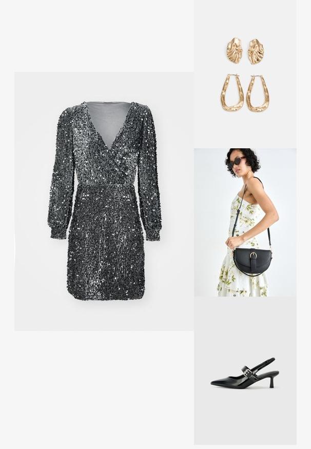 Vestido cinza de lantejoulas com mangas longas, decote em V e cintura ajustada. O tecido é texturizado e coberto de lantejoulas reflexivas para um efeito brilhante.; Saltos slingback em verniz preto com bico pontiagudo e um pequeno salto bloco, apresentando um detalhe de fivela prateada na tira.; Bolsa de couro preta com forma curva, alça destacável e detalhes em dourado. A bolsa possui uma aba com detalhe de fivela.; Brincos em tom de ouro com formas onduladas e texturizadas. Inclui studs escultóricos com presilha e um design de argola aberta com um acabamento martelado.