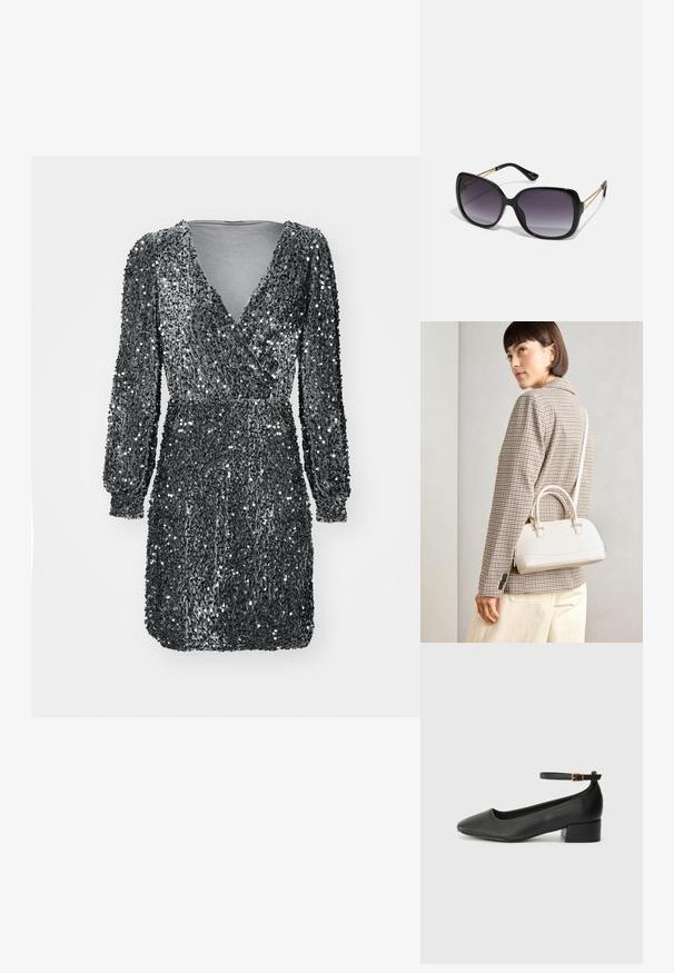 Pelēks spīdīgs kleitas izvēle ar garām piedurknēm, V-veida izgriezumu un pieguļošu jostasvietu. Audums ir teksturēts un klāts ar atstarojošām spīdīgām pērļu daļiņām, radot mirdzošu efektu.; Melnas ādas sūkņi ar smailu purngalu un zemu bloku papēdi. Iezīmēts ar potītes siksniņu ar zelta krāsas sprādzi. Gluda tekstūra.; Melni pārmērīgi lieli saulesbrilles ar gradāciju lēcām, biezām rāmja malām un zeltainas krāsas ķēžu detaļām uz tempļiem.; Balta strukturēta roku soma ar īsām rokturiem un plecu siksnu, ar zelta aparatūras akcentiem un strukturētu materiālu, izstādīta uz pelēka fona.