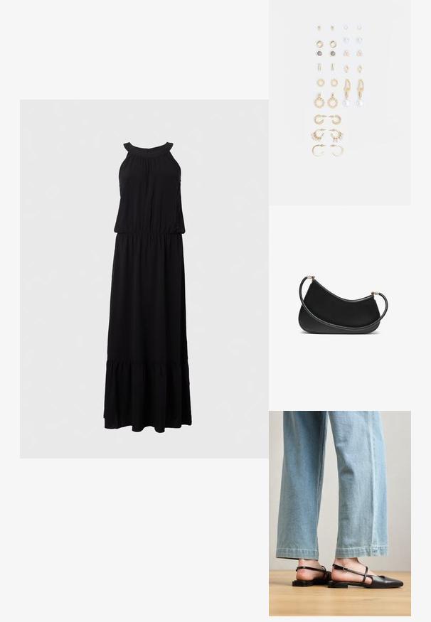 Černé maxi šaty bez rukávů, se shromážděným živůtkem a vrstevnatým volánkovým lemem. Vyrobeno z měkké, lehké látky.; Černé kožené boty na klínku s špičatou špičkou, plochým podpatkem a páskem kolem kotníku; nošeny s světle modrými širokými kalhotami.; Černá kožená kabelka přes rameno s zakřiveným designem, se strukturovaným popruhem a zlatým kováním na horním uzávěru. Hladký povrch.; Sada náušnic ve zlatém tónu s různými designy, včetně pecek, kruhů a visacích kousků s perlami a rhinestony.