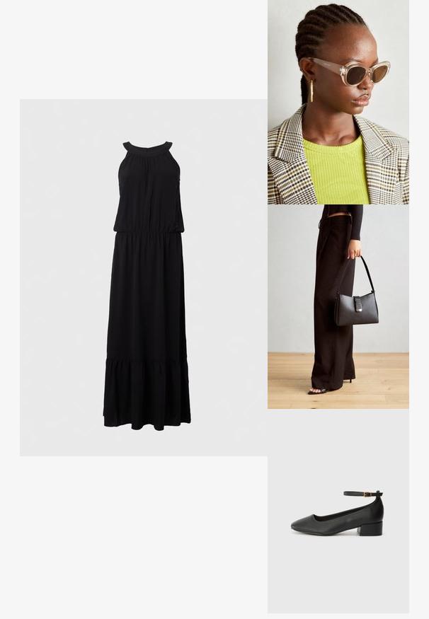Černé maxi šaty bez rukávů, se shromážděným živůtkem a vrstevnatým volánkovým lemem. Vyrobeno z měkké, lehké látky.; Černé kožené lodičky s špičatou špičkou a nízkým blokovým podpatkem. Obsahují pásek kolem kotníku se zlatou sponou. Hladký povrch.; Průhledné sluneční brýle ve stylu kočičích očí se hnědými skly a průhlednými rámy. Modelka má na sobě zelený žebrovaný top a károvaný blazer. Zlacené kruhové náušnice.; Černá kabelka se strukturovaným tvarem, hladkým povrchem a kovovým uzávěrem. Kombinována s širokými černými kalhotami a sandály s otevřenou špičkou na dřevěné podlaze.