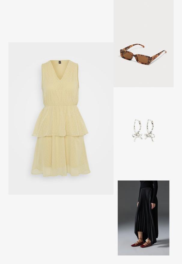 Kratka obleka brez rokavov v svetlo rumeni barvi, z V-izrezom, z večplastno krilo in potiskom pikic, izdelana iz lahkega, tekočega materiala.; Črna nabrana krila z višjim sprednjim in nižjim zadnjim delom, kombinirana z sijočimi rdečimi balerinkami s trakastim dizajnom. Tkanina ima gladko teksturo.; Želve sunčane naočale s pravokutnim smešnim lećama, debelim okvirom i tankim ručkama s uzorkom različitih nijansi smeđe boje.; Srebrni uhani v obliki obroča z obliko pentlje, z gladko površino in poliranim teksturo. Kompaktna, minimalistična zasnova primerna za različne priložnosti.