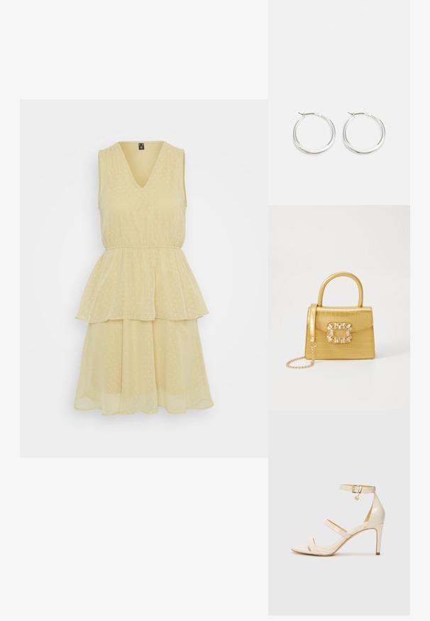 V-veida bez piedurknēm tērps gaiši dzeltenā krāsā, ar slāņotu svārku un punktiņu rakstu, izgatavots no viegla, plūstoša auduma.; Bežīgas augstpapēžu sandales ar plānu potītes siksniņu un divām augšējām siksnām. Spīdošs laku apdare un zelta aksesuārs uz potītes siksniņas.; Dzeltena mākslīgā krokodila roku soma ar strukturētu dizainu, augšējo rokturi, noņemamu ķēdes siksniņu un dekoratīvām kristāla rotājumiem aizdares daļā.; Sudraba riņķa auskariem ir gluda, noapaļota forma ar plānu profilu un drošu aizdari. Minimālistisks stils ar izpolētu apdari.