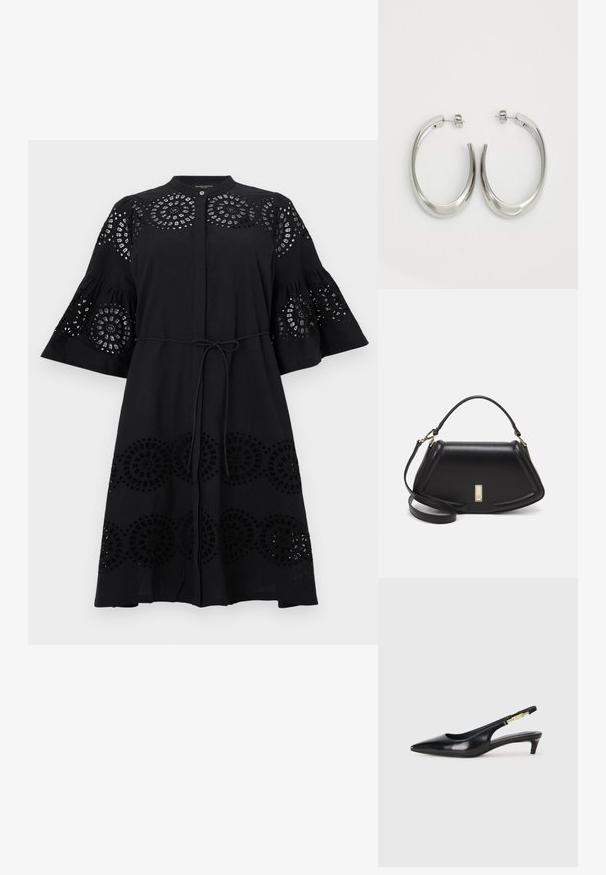 Zwarte jurk met geborduurde details, klokmouwen en een strik taille. Kenmerkt ronde uitsparingen en een knopenfront. Gemaakt van lichtgewicht stof.; Zwarte leren slingback hakken met een spitse neus, voorzien van een slanke hak en een goudkleurige accent op de verstelbare band. Gladde textuur.; Zwarte leren handtas met een gestructureerd ontwerp, featuring een verkorte vorm, bovenhandvat en gouden hardwareaccent. Inclusief verstelbare schouderband.; Zilveren oorringen met een gladde, gebogen vorm. Voorzien van een glanzende metallic afwerking en studsluiting. Geen zichtbare patronen of accenten.