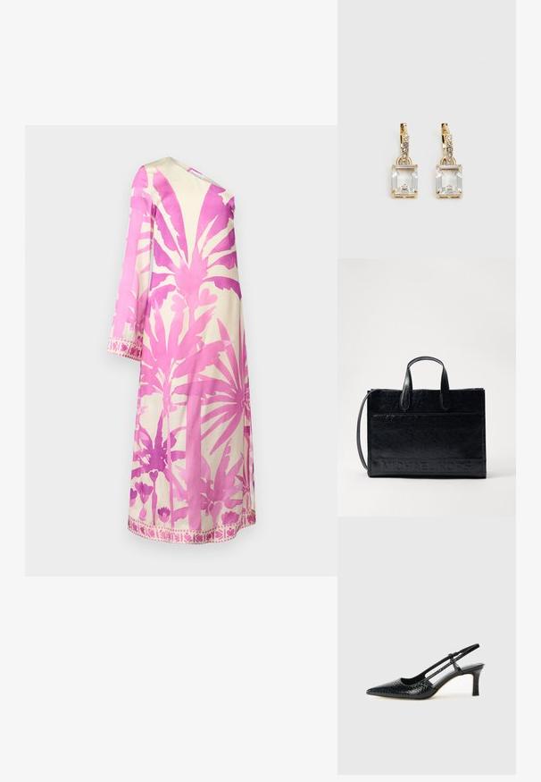 Roze en crèmekleurige jurk met een botanische print. Heeft lange mouwen, een V-hals en een decoratieve zoom met bloemmotieven. Glad stoftextuur.; Zwart patent slingback hak met een spitse neus, voorzien van een gestructureerde slangenprint, verstelbare band en een korte, gestructureerde blokhak.; Zwarte leren schoudertas met twee bovenhandvatten, een afneembare schouderriem en een geperst "MICHAEL KORS" logo aan de voorkant. Gladde textuur.; Gouden oorbellen met een rechthoekige, heldere kristal die onder een rij kleine, ronde heldere accenten hangt. Strak, modern ontwerp.