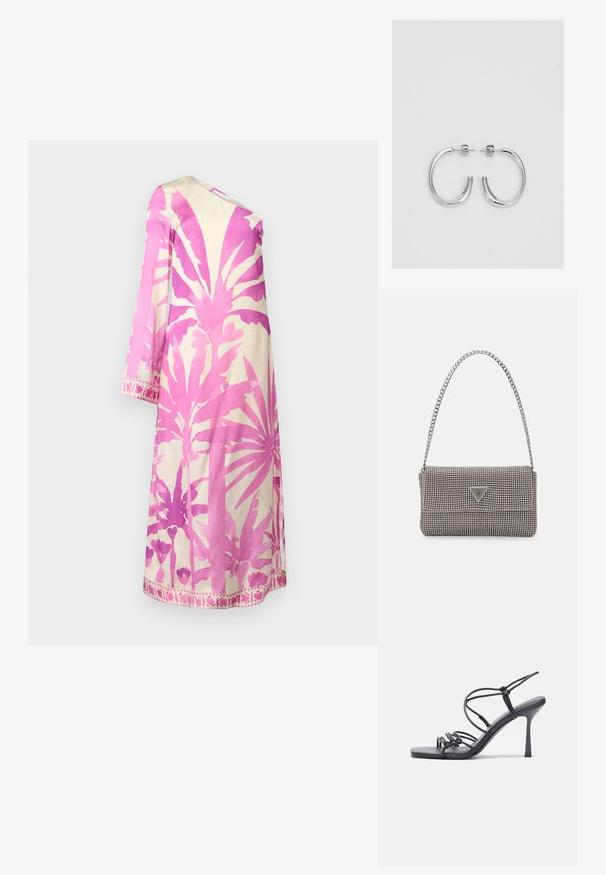 Rožinė ir grietinėlės spalvos suknelė su botaniniais raštais. Turi ilgus rankovės, V formos iškirpimą ir dekoratyvų apdarą su gėlių raštais. Lygus audinio tekstūra.; Juodos aukštakulnės sandalai pasižymi plonyčiais dirželiais su mazgo dizainu, lygiu kvadratiniu pirštu ir elegantišku stiletto kulnu.; Šviesiai pilka metalinė rankinė su grandinėlės dirželiu, papuošta mažais apvaliais metaliniais smeigėmis ir trikampiu prekės ženklu.; Sidabrinės auskarai žiedai su lygiu, blizgiu paviršiumi. Suapvalinta forma, lengvas dizainas, su uždarymu ant smeigtuko.