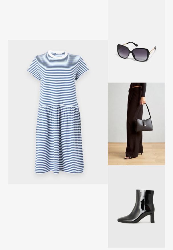Rochie dungată în albastru și alb, realizată din bumbac moale, având un guler rotund, mâneci scurte și o fustă plisată.; Botine negre din piele lacuită, cu vârful ascuțit și toc bloc de înălțime medie. Textură netedă și design minimalist.; Ochelari de soare negri, supradimensionați, cu lentile degradate, rame groase și detalii cu lanț de ton auriu pe brațele templului.; Genți negre cu o formă structurată, textură netedă și un închizător metalic. Asortată cu pantaloni negri largi și sandale cu vârf deschis pe un podea din lemn.