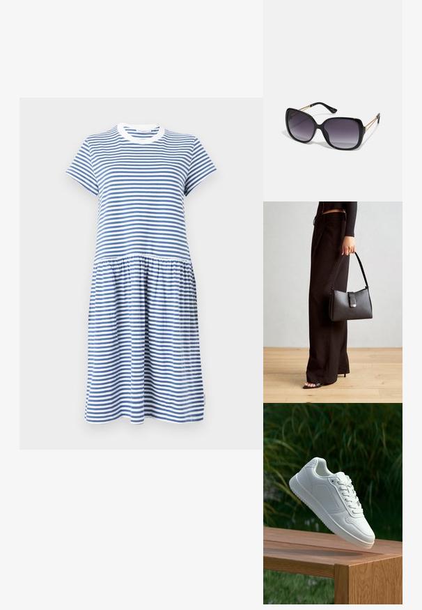 Raidallinen sinivalkoinen mekko, joka on valmistettu pehmeästä puuvillasta, jossa on pyöreä kaula-aukko, lyhyet hihat ja volangilla varustettu hame.; Valkoiset tennarit, joissa on sileä synteettinen päällinen, rei'itetty varvasosa, litteät nauhat ja teksturoitu pohja, esillä puupinnalla.; Mustat ylisuurten kehysten aurinkolasit, joissa on liukuväri-linssit, paksut kehykset ja kultasävyiset ketjustuskoristeet temppeleissä.; Musta käsilaukku, jossa on rakenteellinen muoto, sileä pinta ja metallinen solki. Yhdistetty leveisiin mustiin housuihin ja avonaiheisiin sandaaleihin puulattialla.