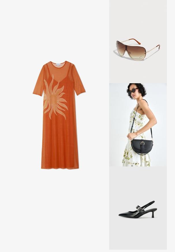 Pitkä oranssi verkomekko lyhyillä hihoilla ja pyöreällä kaula-aukolla, jossa on suuri vaaleankeltainen aurinkgrafiikka edessä.; Musta patenttinaahkakengät, joissa on osoittava kärki ja pieni lohko korko, varustettuna hopeisella soljella hihnassa.; Aurinkolasit, joissa on ruskea gradient-linssejä, metallirunko ja koristeellinen tähtikuosi, jossa on strasseja oikeassa alalaidassa.; Musta nahkainen käsilaukku, joka on kaareva muotoilultaan, irrotettavalla hihnalla ja kultaisilla yksityiskohdilla. Laukussa on läppä, jossa on solk yksityiskohta.