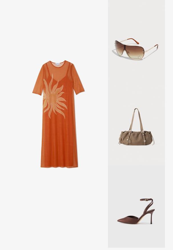 Pikk oranž mesh-kleit lühikeade varrukatega ja ümmarguse kaelusega, mille ees on suur heledalt kollane päikese graafika.; Kohvane satiinist kõrge kontsaga king, millel on terav varvas, avatud küljed ja pahkluu rihm koos kuldse klambriga. Peen konts.; Prillid pruuni gradient objektiiviga, metallraamiga ja dekoratiivse tähekese mustriga, kus alumises paremas nurgas on sädelevad kivid.; Pruun nubukist käekott, mille ülemine osa on voltitud, hõbedased metallist detailid ja kaks õlarihma. Omab ristkülikukujulist vormi ja minimaalset disaini.