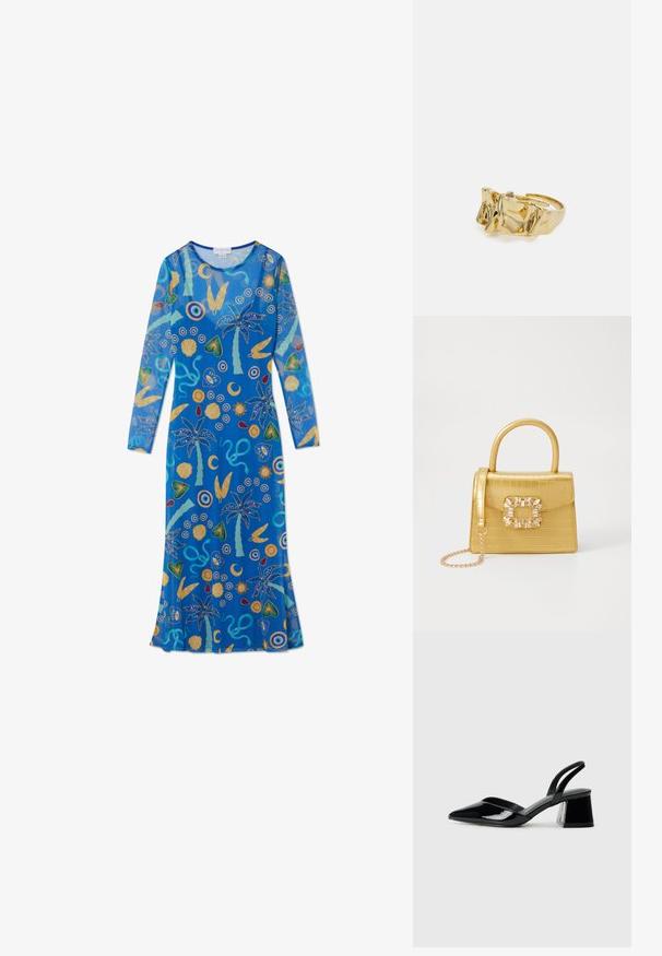 Mėlynos spalvos ilgomis rankovėmis suknelė, puošta spalvingais tropiniais ir abstrakčiais raštais, įskaitant palmės, kriauklės ir geltonas, žalias bei raudonas formas.; Juodos lakuotos odinės šlepetės su smailiu pirštu ir geometriniu bloko kulnu. Turi elegantišką, minimalistinį dizainą ir lygų paviršių.; Geltonas dirbtinės krokodilo odos rankinukas su standžiu dizainu, viršutine rankena, nuimamu grandininiu dirželiu ir dekoratyviniu krištolo papuošimu ant užsegimo.; Aukso žiedas su tekstūruotu, banguotu dizainu, turintis tris iškilias viršūnes. Lygus, blizgus paviršius su atviromis juostelėmis, leidžiančiomis reguliuoti dydį.