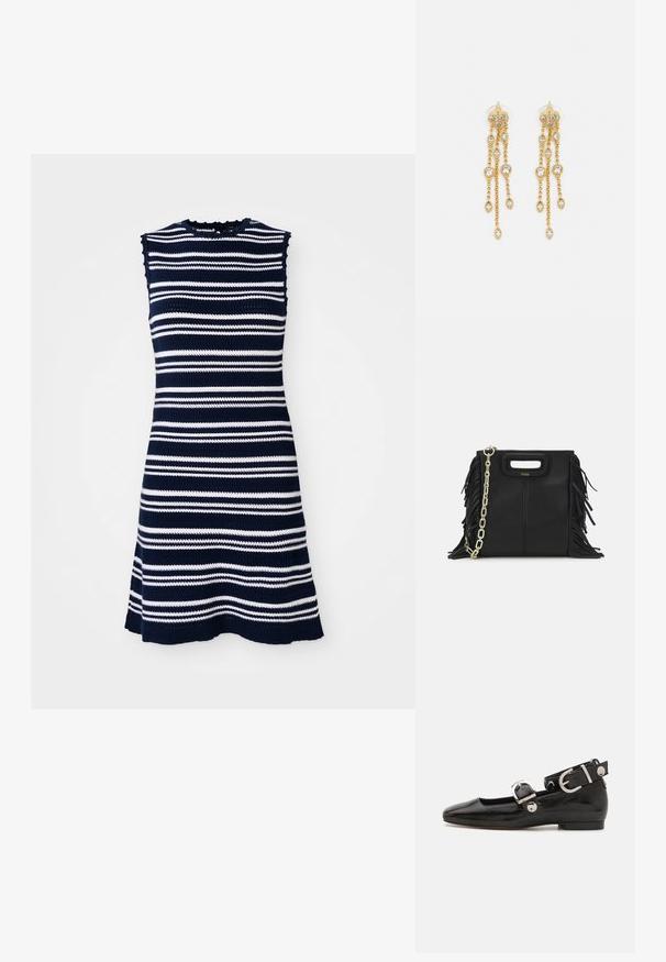 Ujjatlan kötött ruha tengerészkék és fehér vízszintes csíkokkal, fodros dekoltázzsal és bővülő szegéllyel.; Fekete lakkbőr lapos cipő négyzet alakú orral, ezüst hardware-rel ellátott bokapánttal és lapos talppal. Simaságával és minimalista dizájnjával kiemelkedő.; Fekete bőr kézitáska, frufrus részletekkel, arany láncos vállpánttal és kivágott fogantyúval. Az elülső részen logó található.; Aranyszínű fülbevalók, több zuhanó lánccal, tiszta ovális strasszköves díszítéssel és dekoratív fülbevaló tetejével.