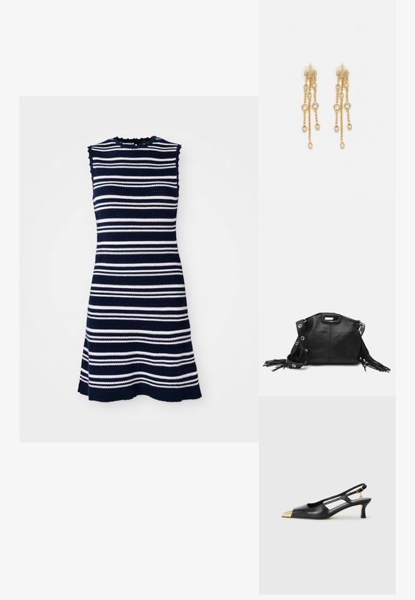 Ärmlös stickad klänning i marinblått och vitt med horisontella ränder, en vågig halsringning och en utsvängd nederdel.; Svart läderslingback-sko med spetsig tå och gyllene metallhätta. Har utskärningsdesign och en smal klack med justerbart rem.; Maje MISS MINI - Axelremsväska - noir; Guldtonade örhängen med flera fallande kedjor, prydda med klara ovala rhinestone-accenter och dekorativa stuvar.