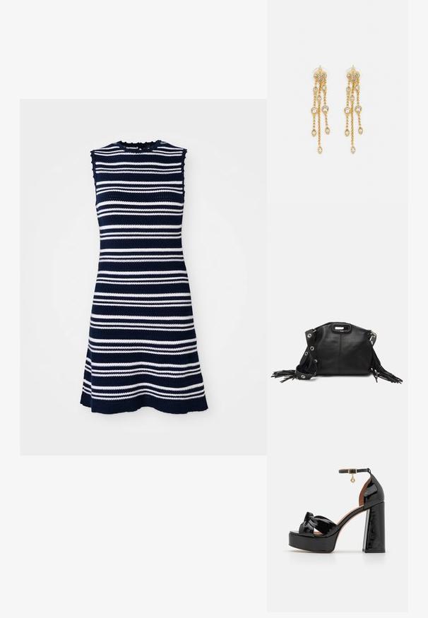 Bešvoriu megztu suknele, puikiai derančia su mėlynomis ir baltomis horizontaliosiomis juostelėmis, su išpjovimu kaklo srityje ir plevenančiu apatine dalimi.; Maje Aukštakulniai sandalai - noir; Maje MISS MINI - Rankinė per petį - noir; Aukso spalvos auskarai su keliais kaskadiniais grandinėlėmis, su skaidriais ovaliais kristalų akcentais ir dekoratyviniais auskarų priekiais.