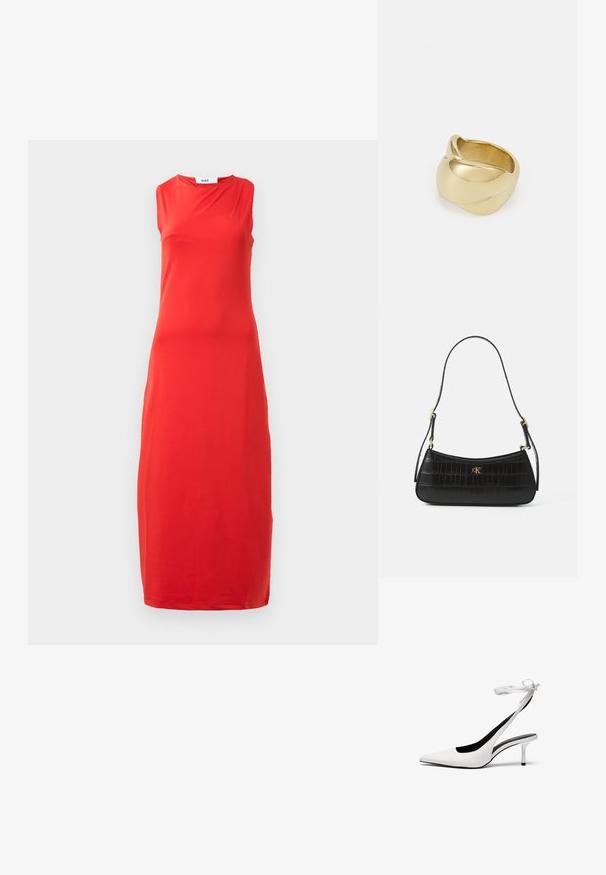 Ilmaõlgadega, põrandani ulatuv punane kleit kõrge ümarate kaelusega ja õrna drapeeringuga kaeluses.; Valged terava ninaga slingback-kandvad kontsad õhukese pahkluustringiga. Sile nahk, õhuke stilettokonts ja must sisekate.; Mustakollane nahast kott krokodillimustriga, saleda kujuga ja kuldsete detailidega. Omab ühte õla rihma ja reljeefset logo detaili.; Kuldne sõrmus, millel on sujuv, keerdunud disain. Omab poleeritud pinda ja ümarat serva, luues sujuva ja voolava kuju.