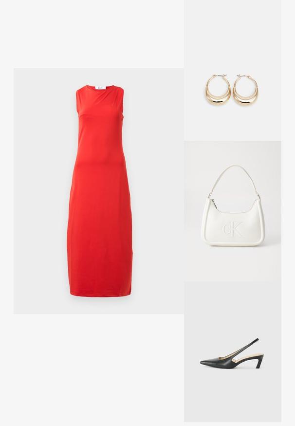 Bezramenné, dlouhé červené šaty se vysoce kulatým výstřihem a jemným záhybem u límce.; Černý špičatý slingback s nízkým podpatkem, vyrobený z hladké kůže, s výřezem na boku pro lepší prodyšnost.; Bílá kožená kabelka s křivkovým tvarem, na přední straně s vyraženým logem "CK" a jediným ramenním popruhem. Zipový uzávěr na vrchu.; Náušnice ve tvaru kroužku zlaté barvy s půlměsícovým tvarem, lesklým povrchem a závěrečným uzávěrem. Hladká textura a reflexní povrch zvyšují viditelnost.