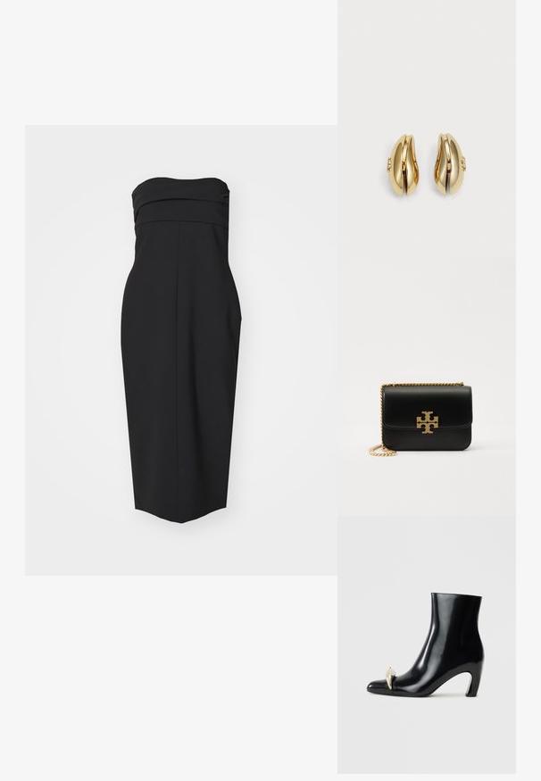 Čierne šaty bez ramienok so priliehavou korzetovou časťou, skladanými detailmi a rovnými strihom. Vyrobené z hladkej látky bez viditeľných vzorov alebo akcentov.; Čierne členkové topánky vyrobené z lesklej kože, s ostrou špičkou a dekoratívnym zlatým a strieborným akcentom vpredu. Dizajn na blokovom podpätku.; Čierna kožená kabelka so zlatým reťazovým popruhom a logovým akcentom. Má obdĺžnikov shape s preklápacím klopou. Hladký povrch.; Náušnice zlatého odtieňa s plynulým, zakriveným dizajnom. Každá náušnica má hladký povrch a malú sponu s dekoratívnym prvkom.