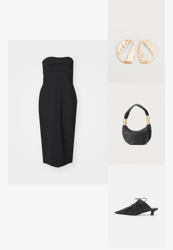 Fekete pánt nélküli ruha, testhezálló fazonnal, redőzött részletezéssel és egyenes szabással. Simább anyagból készült, amelyen nincsenek látható minták vagy díszítések.; Fekete bőr slip-on mules, hegyes orral, gyűrött textúrával és kis kitten sarokkal. Az nyílásnál húzózsinór részlet található.; Fekete bőr kézitáska kerek formával, puha textúrával és csomózott fogantyúval, aranyszínű fém díszítéssel. Cipzáras záródás.; Egy pár szabálytalan, ovális formájú, aranyszínű fém fülbevaló, enyhén kalapált felülettel, fehér háttéren.