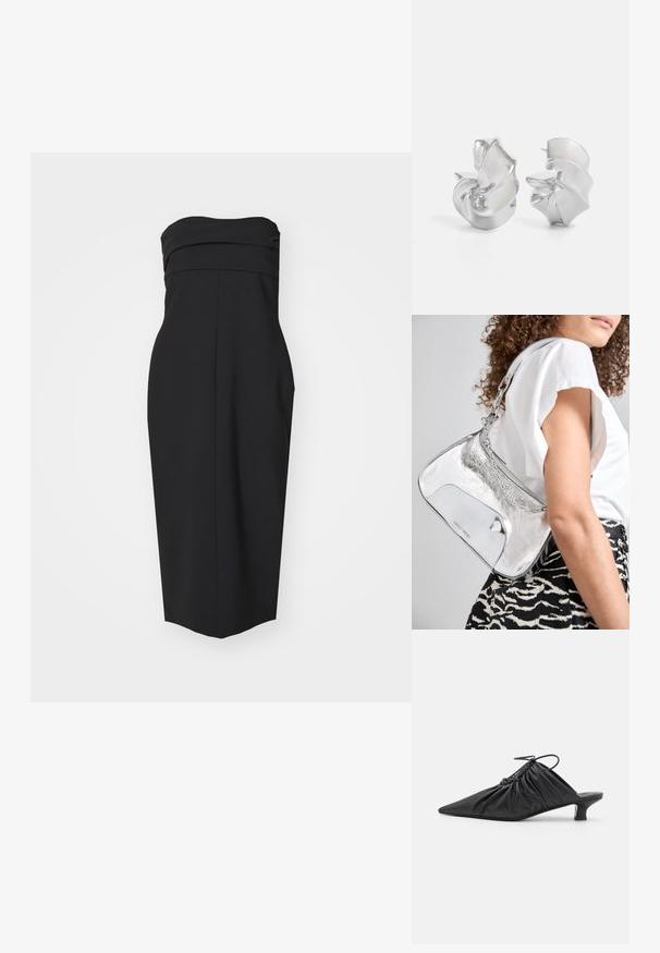 Must mustriga kleit, millel on vormitud rinnaosa, voltide detailid ja sirge lõige. Valmistatud siledast kangast, ilma nähtavate mustrite või aktsentideta.; Mustad nahast libisemisega mullingud terava varbaga, volditud tekstuuriga ja väikese kitinõelaga. Omab tõmbluku detaili avas.; Hõbedane metallist õlakott, millel on sile tekstuur, kaarduv disain, kettrohke ja poleeritud esipaneel, millel on peen logo graveering.; Hõbedased kõrvarõngad voolava spiraalsetega kujunduses. Sile tekstuur poleeritud viimistlusega. Omab peent läiget ja ei oma nähtavaid kaunistusi.