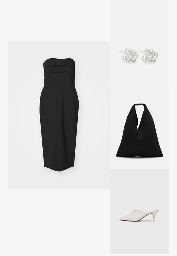 Melnas bezplecu kleitas ar pieguļošu ķermeni, plisētiem detaļām un taisnu griezumu. Izgatavota no gludas auduma bez redzamām rakstu vai akcentiem.; Baltas austs punka purngals mūlis ar šauru vidēji augstu papēdi un uzvelkamu dizainu uz vienkārša fona.; Melnas auduma iepirkumu soma ar unikālu V formas dizainu un gludu tekstūru. Aprīkota ar īsu rokturi un minimālistisku aparatūras detaļu.; Sudraba riņķa auskari ar vītņu ķēdes dizainu, gluda tekstūra ar atspoguļojošu apdari, nodrošināti ar fiksējošu aizmuguri.