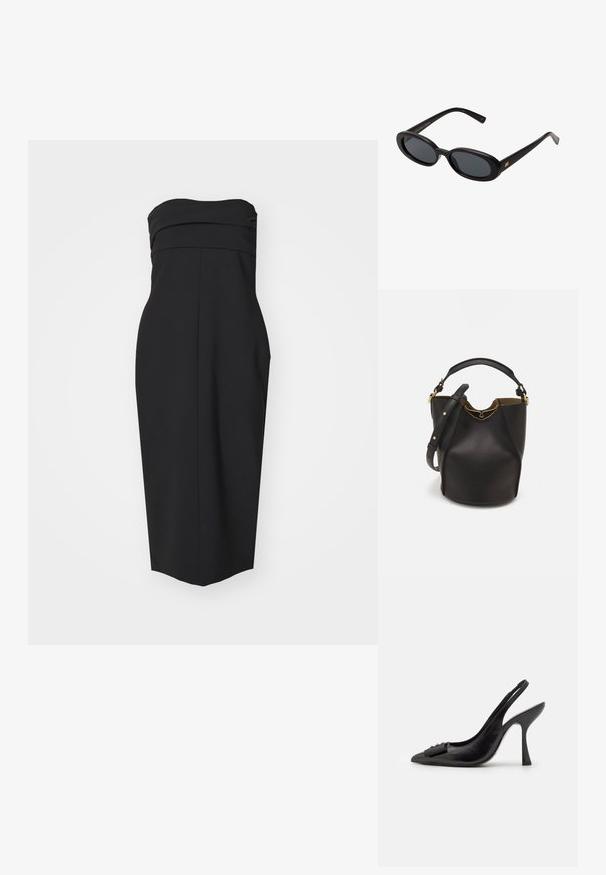 Fekete pánt nélküli ruha, testhezálló fazonnal, redőzött részletezéssel és egyenes szabással. Simább anyagból készült, amelyen nincsenek látható minták vagy díszítések.; Fekete bőr pántos cipő hegyes orral, karcsú magas sarkával és dekoratív masnival. Simaság és elegáns dizájn.; Fekete, oversize napszemüveg ovális lencsékkel, sima műanyag kerettel és arany részletekkel a fülpánton. Sötét lencséi védelmet nyújtanak a napfény ellen.; Fekete bőr vödör táska texturált felülettel, arany hardware részletekkel és nyitott tetejével. Rövid fogantyúval és állítható vállpánttal rendelkezik.