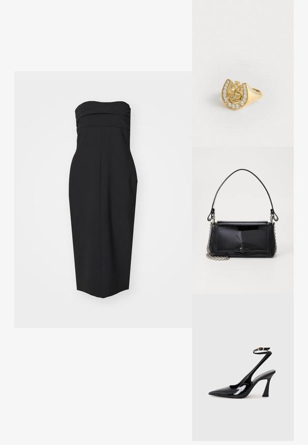 Crna haljina bez naramenica s pripijenim korpusom, naboranim detaljima i ravnim krojem. Izrađena je od glatkog materijala bez vidljivih uzoraka ili akcenta.; Crne lakirane slingback cipele s visokom potpeticom, u obliku špice, s podesivim remenom oko gležnja i umjerenom blok-potpeticom. Glatka tekstura s sjajnim završetkom.; Crna patentna kožna torba pravokutnog oblika, s lancem za nošenje i karakterističnim metalnim detaljem u središtu. Glatka tekstura.; Zlatni prsten s dizajnom krune unutar potkove, ukrašen malim prozirnim draguljima, na bijeloj pozadini.