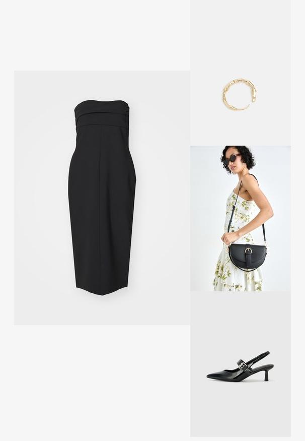 Svart axelbandslös klänning med en åtsittande liv, plisserade detaljer och rak klippning. Tillverkad av ett slätt tyg utan synliga mönster eller accenter.; Svarta patentläder slingback-klackar med spetsig tå och en liten blockklack, med en silvrig spänneaccent på remmen.; Svart läderhandväska med en böjd form, avtagbar rem och guldiga detaljer. Väskan har ett lock med en spänndetalj.; Ring i guldutförande med en organisk, vriden design, slät yta och avsmalnande ändar, vilket ger ett modernt, skulpturalt utseende.