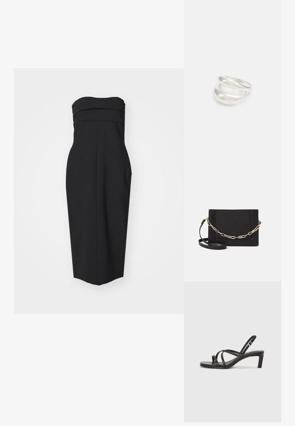 Čierne šaty bez ramienok so priliehavou korzetovou časťou, skladanými detailmi a rovnými strihom. Vyrobené z hladkej látky bez viditeľných vzorov alebo akcentov.; Čierne sandále na vysokom podpätku so štvorcovou špičkou a nízkym blokovým podpätkom. Obsahujú viacero tenkých popruhov a nastaviteľný členkový popruh. Vyrobené z hladkej kože.; Čierna kožená crossbody taška s hladkou textúrou, obdĺžnikovým tvarom a kovovým reťazovým detailom na prednej strane. Súčasťou je nastaviteľný popruh.; Strieborný prsteň s dvojitým pásikom s hladkým, lesklým povrchom. Má plynulý, zakrivený dizajn s prekryvajúcimi sa časťami pre moderný vzhľad.