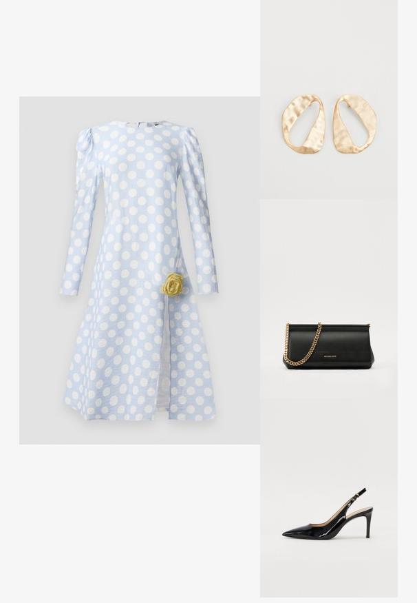 Helehelesinine kleit, millel on suured valged täpid, pikad varrukad, tekstureeritud kangas ja kollane roosipadi vöökohtadel.; Must hõbedavärvi patendiga slingback kontsakingad terava varbaga, kitsas konts ja peene lõikega disain. Statistika on kuldne pandla rihmal.; Mustast nahast klamberkott kuldse kettrihmaga, millel on sile tekstuur, ristkülikuline kuju ja esiküljel reljeefne brändingu märk.; Eba paar eba ebaorditud ovaalkujulisi kuldehhe kaal setertu, kerge keersuju pinnaga valgel taustal.