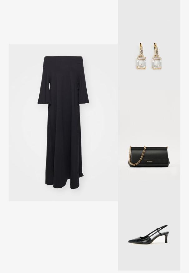 By Malene Birger YALIA - Jerseykjole - black; Sorte patent slingback hæl med spids tå, featuring tekstureret slangeskind, justerbar rem og en kort, tekstureret blokhæl.; Svart skinnkuvertveske med en gullkjede-rem, med en glatt tekstur, rektangulær form og preget merkevare på forsiden.; Gullfargede øreringer med en rektangulær, klar krystall som henger under en rad av små, runde klare akenter. Elegante, moderne design.