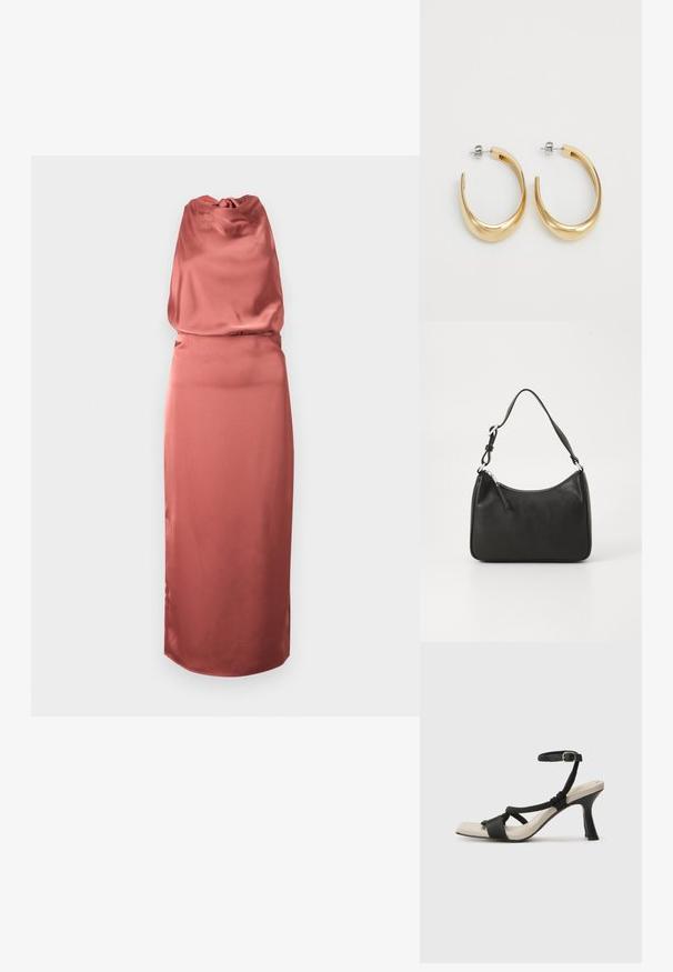 Satinė vakarų suknelė koralinės spalvos, su surinktu liemeniu, grindų ilgio sijonu ir suveržtu juosmeniu, suteikiančiu sklandų siluetą.; Juodų aukštakulnių sandalų su pintu dirželiu dizainas, kvadratine nosimi ir reguliuojamu kulkšnies dirželiu. Šviesiai bežė padas su blizgiu juodu kulnu.; Juoda odinė rankinė su išlenkta forma, viena dirželiu, užtrauktuko uždarymu ir subtiliu ženklinimu priekyje. Lygus paviršius, minimalistinis dizainas.; Auksinės spalvos apyrankės auskarai su glotnia, kreiva forma. Pagaminti iš metalo, turintys elegantišką apdailą ir užsegimą su smeigėle.