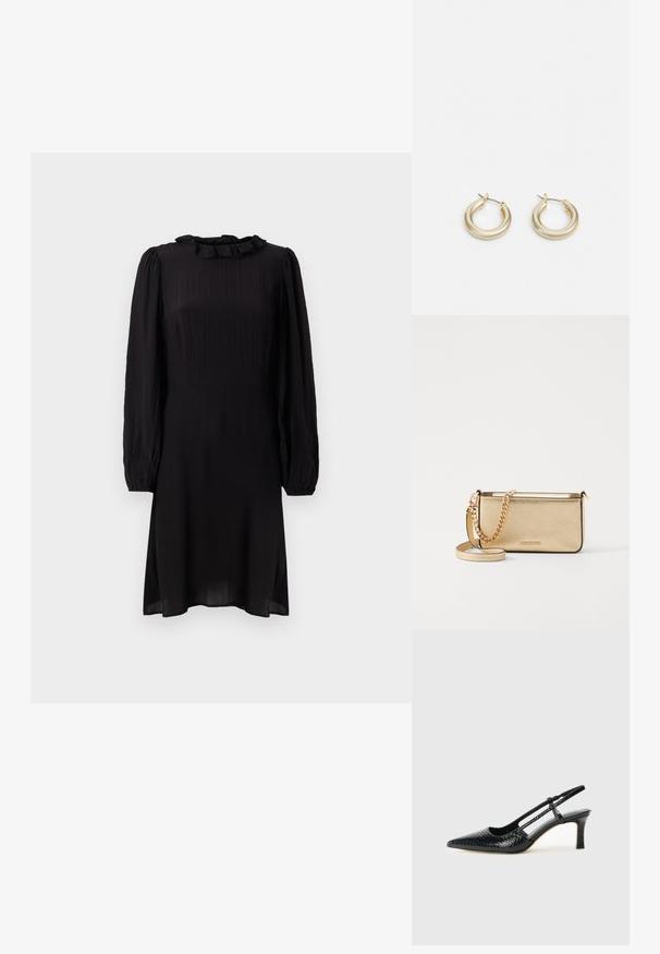 Vestido preto midi feito de tecido leve, com um colarinho franzido e mangas bufantes longas com punhos elásticos. Superfície texturizada com leve brilho.; Salto slingback em patente preta com bico apontado, apresentando um padrão de pele de cobra texturizado, tira ajustável e um salto bloco curto e texturizado.; Clutch de couro dourado metálico com um acabamento texturizado, apresentando uma alça de corrente dourada e uma alça de ombro removível. Logotipo da marca em relevo.; Lauren Ralph Lauren BASIC SMALL HOOP - Brincos - gold-coloured