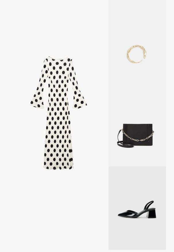 Dolga obleka iz belega blaga z velikimi črnimi pikami, širokimi manšetami in oprijetim krojem.; Črne lakirane slingback pete s koničastim nosom in geometrijsko blokasto peto. Imajo eleganten, minimalističen dizajn in gladko teksturo.; Črna usnjena torba čez ramo z gladko teksturo, pravokotno obliko in kovinskim verižnim detajlom spredaj. Vključena je nastavljiva naramnica.; Zlati prstan s organskim, zvitim dizajnom, gladko površino in taperiranimi konci, ki ustvarja modernega, skulpturalnega videza.
