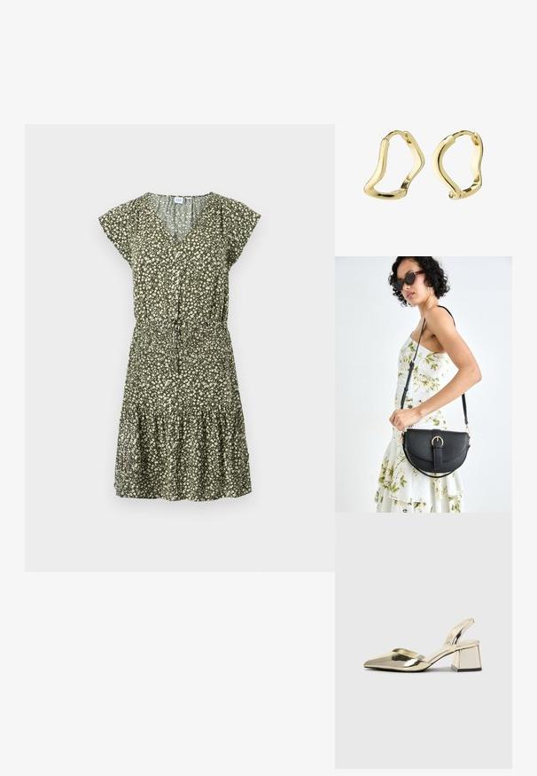 Blommig klänning i olivgrön med V-ringning, korta ärmar, resårmidja och flerdelad volang längst ner med vita blommönster.; Guld, metalliska slingback-klackar med spetsig tå och chunky klack. Slät textur, minimalistisk design och en smal rem.; Svart läderhandväska med en böjd form, avtagbar rem och guldiga detaljer. Väskan har ett lock med en spänndetalj.; Gyllene hoops örhängen med en flytande, vågformad design. Slät yta, öppen form och inga synliga lås. Minimalistisk och modern utseende.