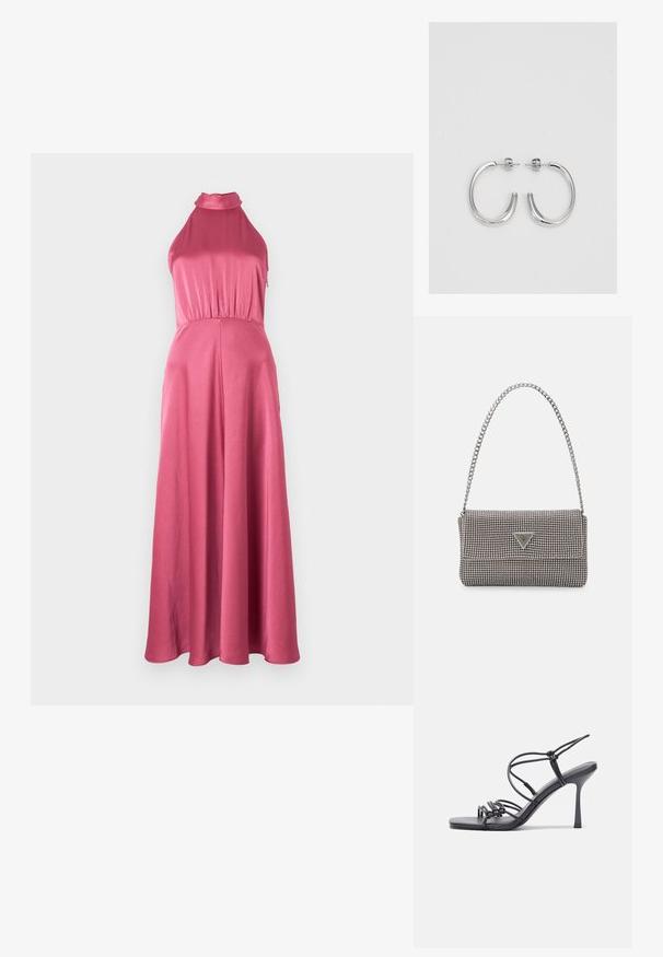 Rožinė halter tipo maksi suknelė su prigludusia liemene, surinkta juosmeniu ir lygiu, tekančiu sijonu. Pagaminta iš lengvos, tekstūruotos medžiagos.; Juodos aukštakulnės sandalai pasižymi plonyčiais dirželiais su mazgo dizainu, lygiu kvadratiniu pirštu ir elegantišku stiletto kulnu.; Šviesiai pilka metalinė rankinė su grandinėlės dirželiu, papuošta mažais apvaliais metaliniais smeigėmis ir trikampiu prekės ženklu.; Sidabrinės auskarai žiedai su lygiu, blizgiu paviršiumi. Suapvalinta forma, lengvas dizainas, su uždarymu ant smeigtuko.