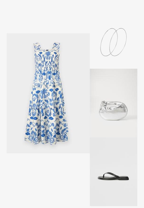 Modrá a biela kvetinová šaty s volánovými ramienkami a plisovaným vrchným dielom. Vyrobené z ľahkej látky s jemnou textúrou.; Čierne šľapky vyrobené z hladkej kože, s tenkým pásikom a plochou podrážkou s minimalistickým profilom. Bez výrazných vzorov alebo akcentov.; Strieborná metalická taška s mäkkým, zaobleným tvarom a uzáverom s uzlíkom. Vyrobená z hladkej syntetickej kože.; Strieborné kruhové náušnice s minimalistickým dizajnom. Cirkulárny tvar, hladký povrch a tenký profil. Ľahké s lesklým povrchom.