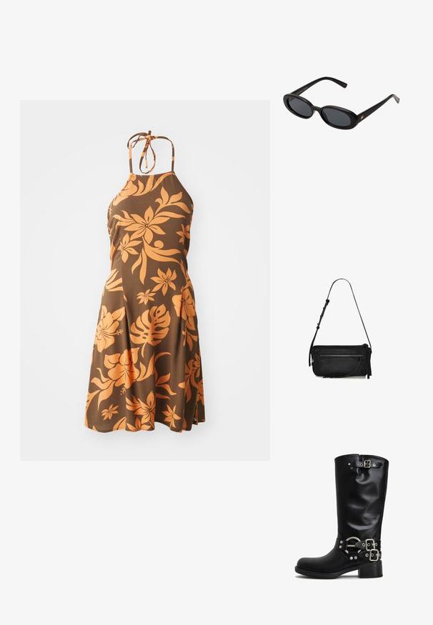 Brun halterneck kjole med et orange blomsterdesign, knælang, med en tætsiddende overdel, der udløber i en flagrende nederdel. Blød tekstur.; Sorte knæhøje støvler lavet af glat syntetisk materiale. Har sølvfarvede spænder og en accentring. Chunky firkantet hæl.; Store store; Sort læderhåndtaske med en enkelt justerbar rem, rektangulær form, frontlomme med lynlås og diskret tekstureret overflade.
