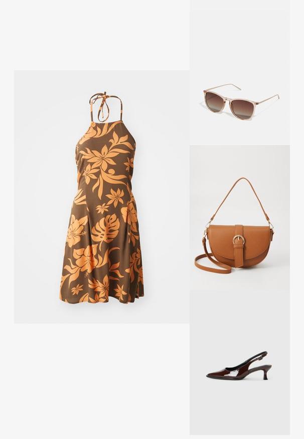 Brązowa sukienka na ramiączkach z pomarańczowym kwiatowym wzorem, do kolan, z dopasowanym topem przechodzącym w rozkloszowaną spódnicę. Miękka tekstura.; Brązowe lakierowane skórzane buty na obcasie typu slingback z ostrym noskiem i umiarkowanym obcasem. Posiadają pasek z klamrą dla zapewnienia stabilnego dopasowania. Gładka tekstura.; Brązowe okulary przeciwsłoneczne w gradientowym kolorze z przezroczystym różowym ramkiem, w kształcie kwadratu, z cienkimi metalowymi zausznikami. Posiadają zaokrąglone krawędzie i minimalne wykończenie.; Brązowa skórzana torba na ramię o zaokrąglonym kształcie, ze złotymi akcentami i zapięciem w formie klamry. Posiada odpinany pasek na ramię.