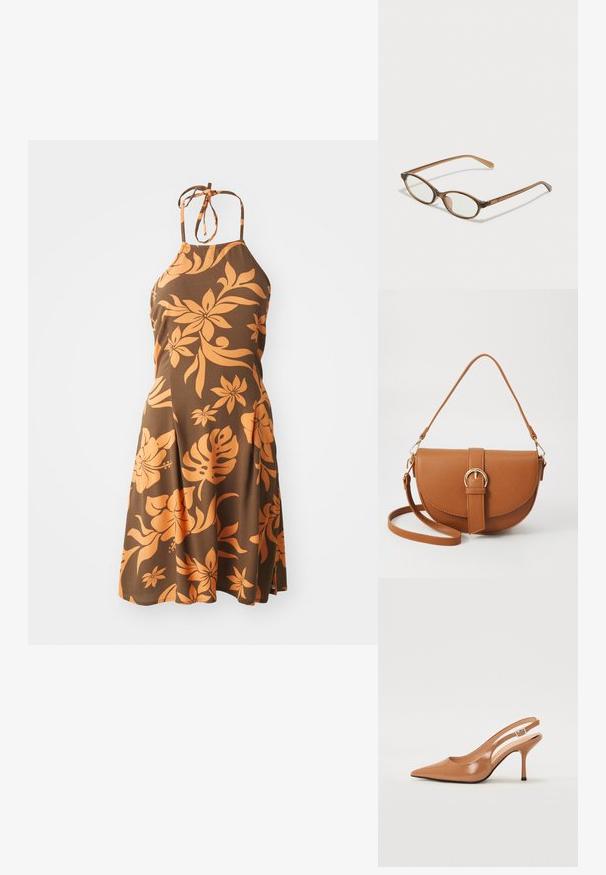 Brun halterkjole med et oransje blomstermønster, kne-lengde, med et tettsittende liv som glir utover i en flagrende skjørt. Myk tekstur.; Spiss tå slingback hæl i et glat, glinsende brunt materiale. Har et buet utskårent design og en slank stilett hæl. Sølvspenne detalj.; Brune skjellbriller med ovale linser, tynne stenger og gjennomsiktige detaljer. Har en subtil logo på stangen. Elegant, lett design.; Brun lærcrossbody-veske med en buet form, gullhardware og et spenneakcent. Har en avtakbar skulderreim.