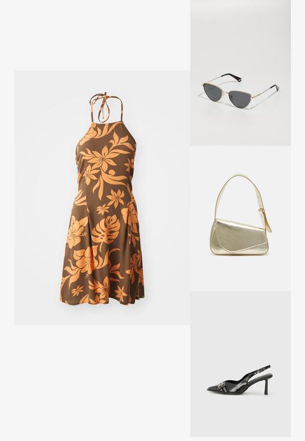 Pruun halterkleit, millel on oranž lillemuster, kuni põlveni ulatuv, sobiva ülakehaga, mis voolab laienevasse seelikuosa. Pehme tekstuur.; Must musta nahk kingad sanga ja terava ninaga, ankle strapidega, millel on hõbedased pandlad ja riistvara ning õhuke konts.; Kuldmetallist raami prillid tumedate läätsede ja kassiohvrikujuga, mille mustad varrukad on ühelt poolt varustatud vikerkaare aktsendiga.; Kuldmetallist käekott, millel on struktureeritud disain, sile tekstuur ja reguleeritav rihm. Omab ainulaadset kolmnurkset kuju ja minimalistlikku õmblust.