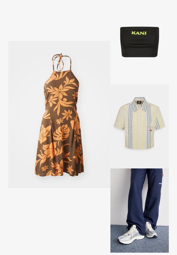 Bruine halterjurk met een oranje bloemenpatroon, knielang, met een getailleerd lijfje dat overgaat in een uitlopende rok. Zachte textuur.; Korte mouwen overhemd in lichtgeel met verticale groene en pastel strepen. Beschikt over twee borstzakken en een logo-opdruk op de linkerzak.; Zwarte strapless top van rekbare stof met een groot neongele "KANI" logo in het midden. Soepele textuur met minimale naden.; Nike hardloopschoenen met een zilveren mesh bovenkant, witte accenten en structuurzolen, gecombineerd met luchtige navy broeken.