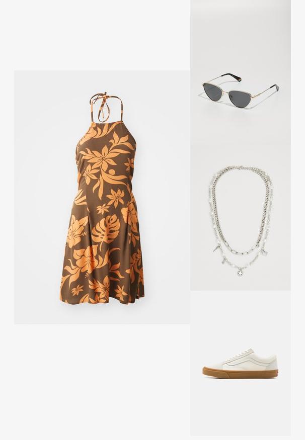 Brun halterneck kjole med et orange blomsterdesign, knælang, med en tætsiddende overdel, der udløber i en flagrende nederdel. Blød tekstur.; Hvide kanvas sneakers med lavt skaft, gummisål, rund tå, snørelukning og læderstribe på siden.; Sorte metalrammesolbriller med mørke linser, katteøjeform og sorte templer med en regnbueaccent på den ene side.; Flerlags halskæde med sølvfarvede kæder og perleperler samt vedhæng, herunder nøgler og en firkantet medaljon. Glat tekstur med skinnende finish.